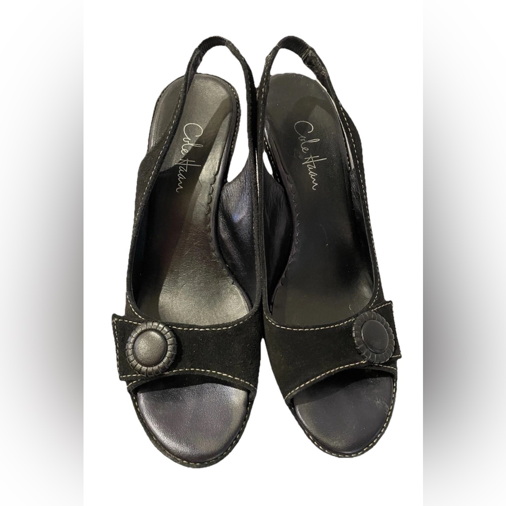 Cole Haan Womens 8 Black Leather Wedge Heel Peep Toe Sling Back
